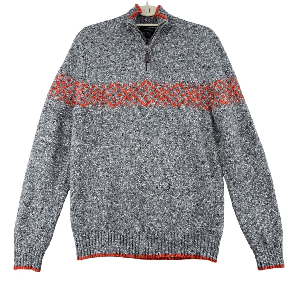 EXPRESS Mens Gray‎ Speckled Fair Isle Quarter Zip Sweater Size Medium